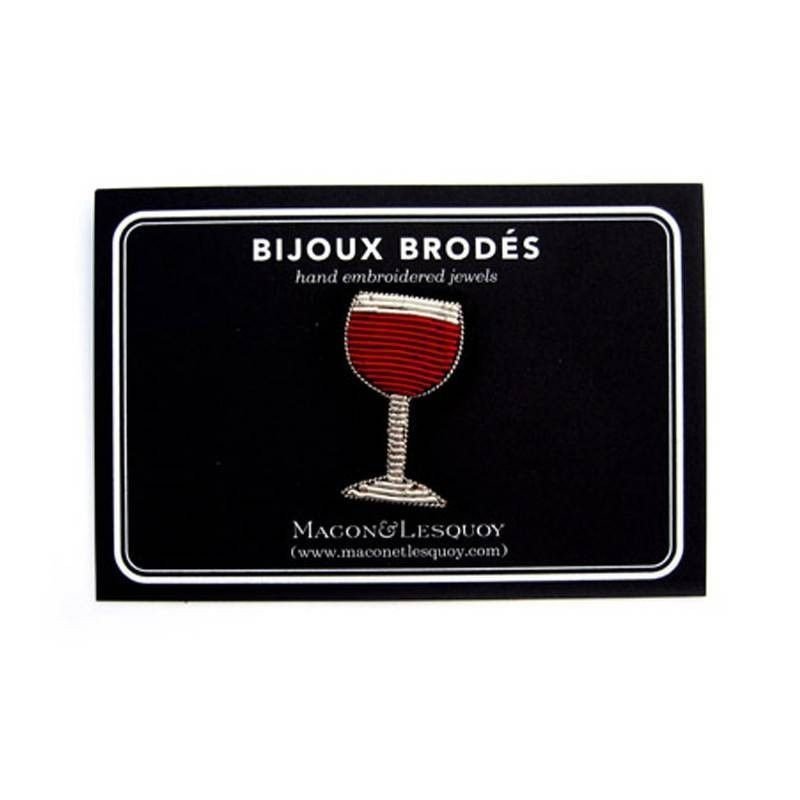 Broche brodée - Verre de vin rouge Macon et Lesquoy cadeau homme oenophile