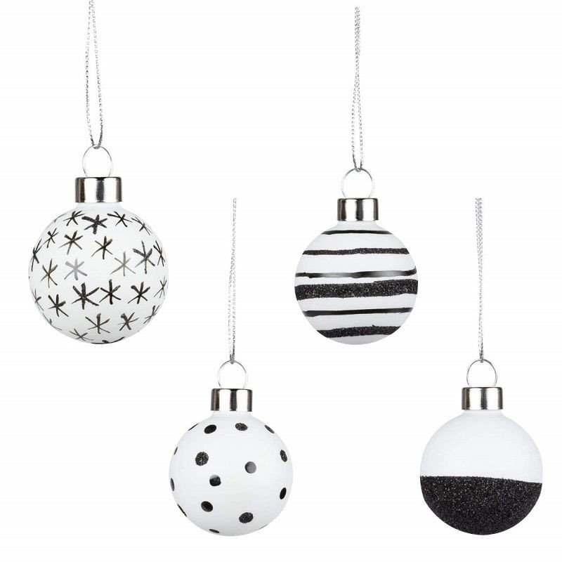 RÄDER décoration Noël set 4 boules en verre blanc et noir paillettes